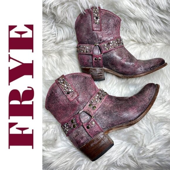 FRYE Deborah Studded Short Cowboy Western Boots Distressed Harness Pink, Size 8 - Picture 3 of 13